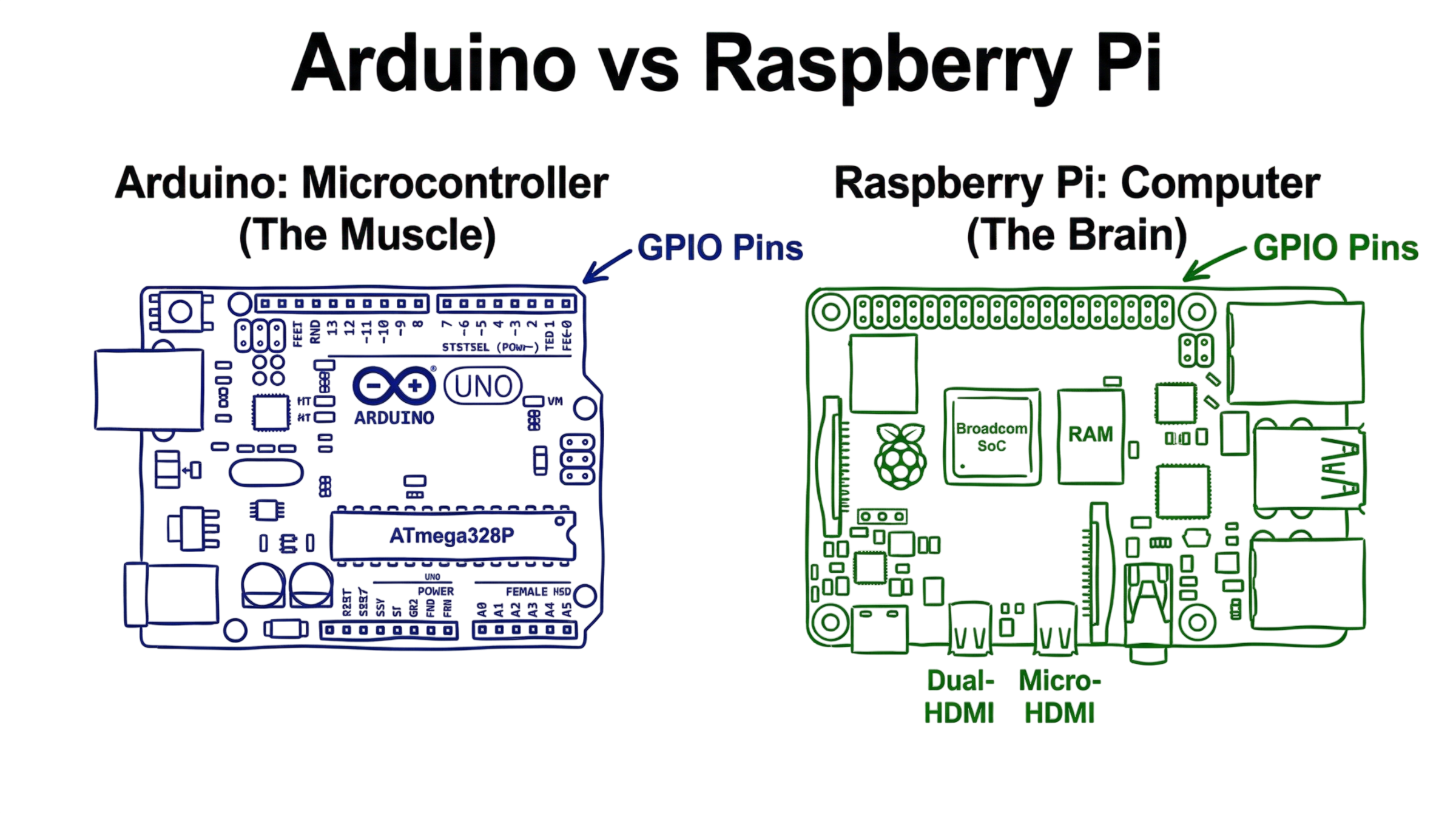 Arduino vs Raspberry Pi comparison for beginners showing layout and functions