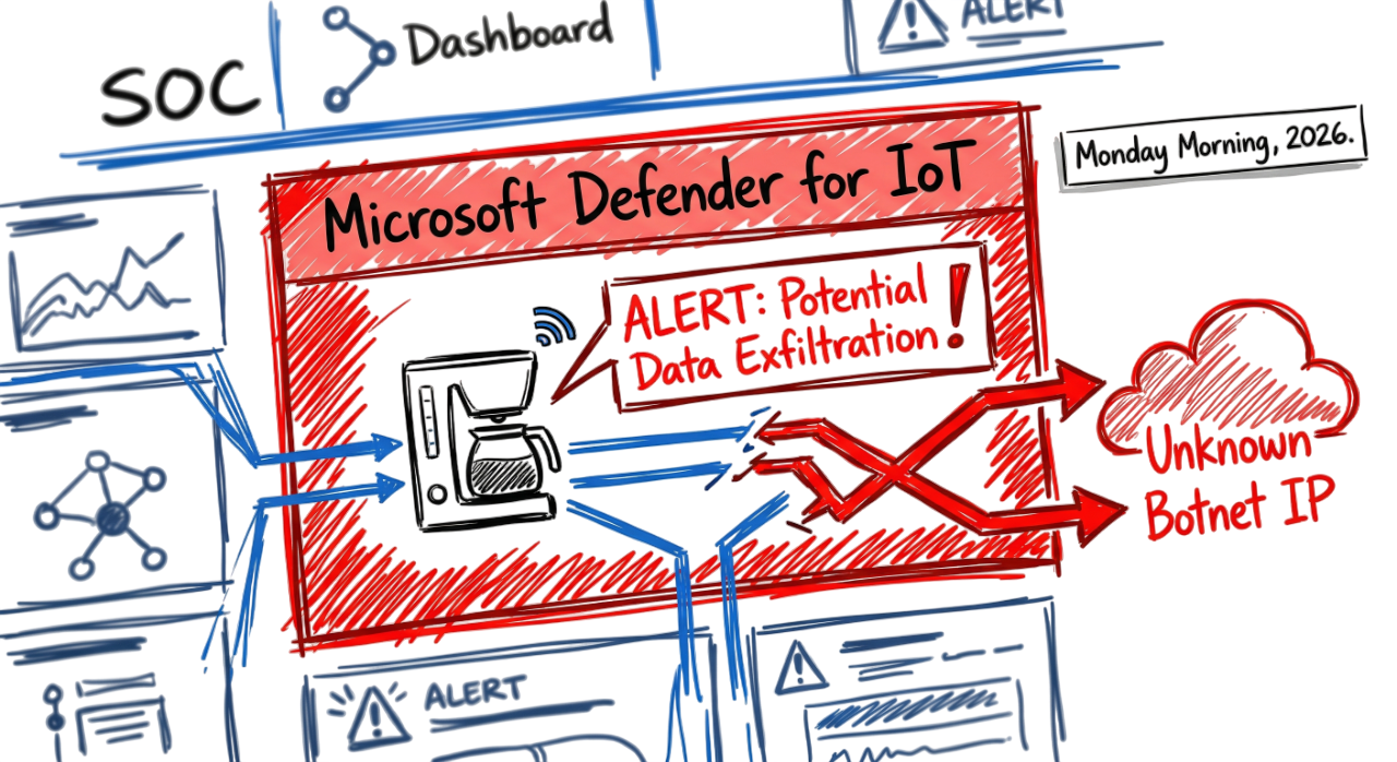 A hand drawn SOC dashboard alert showing a smart coffee maker exfiltrating data to a botnet, as part of a securing everyday iot devices 2026 guide.