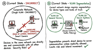 Diagram showing the difference between a flat network and a segmented network for securing autonomous IoT networks in 2026.