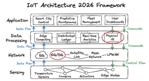 A hand-drawn 4-layer iot architecture 2026 guide diagram showing sensing, network, processing, and application layers.