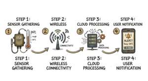 Four stage diagram of IOT data flow from sensor collection to user interface.