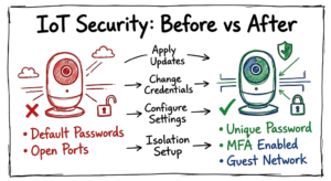 A comparison diagram showing the before and after states of a device following IoT security best practices.