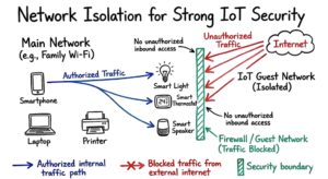 A network flow diagram illustrating how a guest network improves IoT security by isolating device traffic.