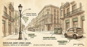 IOT examples in a smart city street showing sensors on lights and trash bins.
