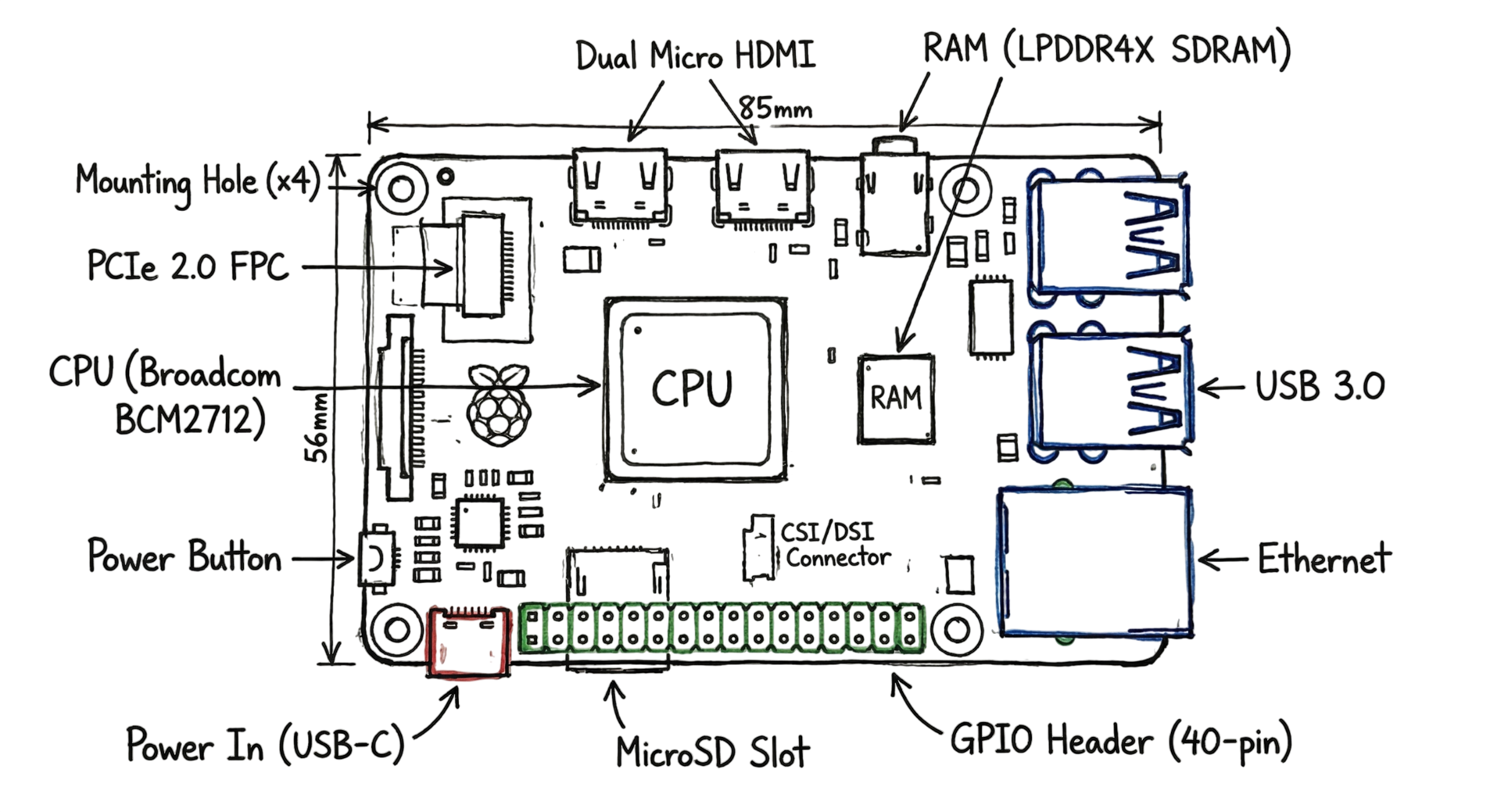 A hand-drawn engineering diagram showing the main components of a Raspberry Pi 5 board.