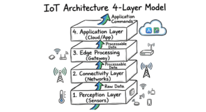 A hand drawn diagram showing the four layers of IoT architecture, as discussed in the securing everyday iot devices 2026 guide.