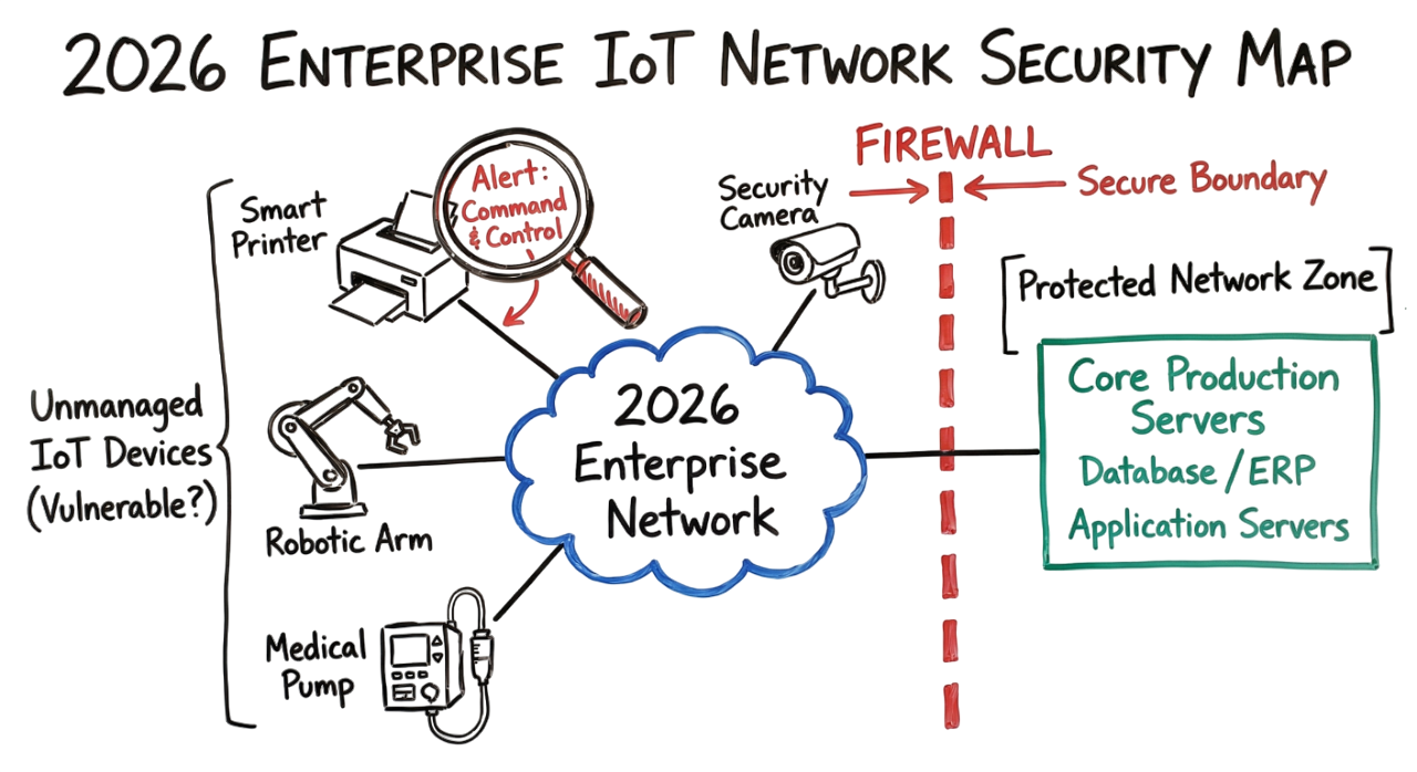 A hand-drawn whiteboard diagram showing the architecture for securing IoT devices in enterprise networks 2026.