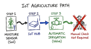 A hand-drawn real-world scenario of smart farming to demonstrate the practical application of IoT vs traditional systems.
